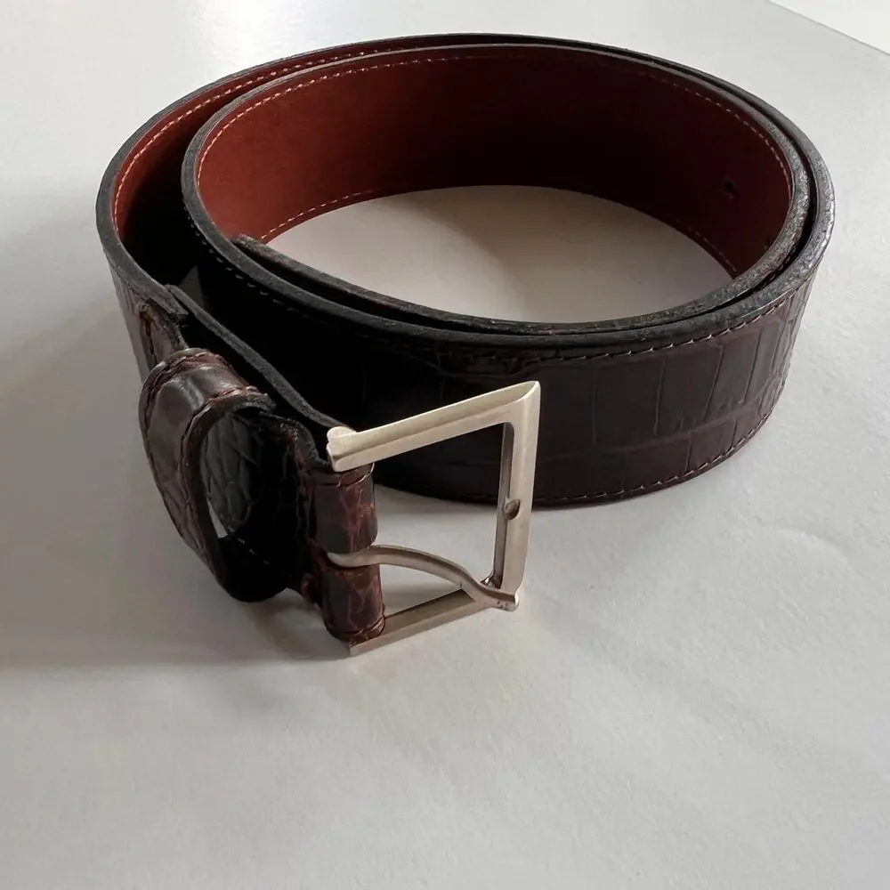 Tommy Hilfiger Brown Embossed Leather Belt Croc Print Size S Made in Turkey